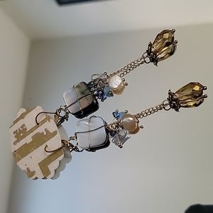 Handmade pearl and blue glass bead dangle earrings with gold toned findings